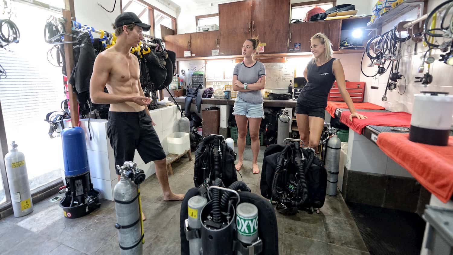 Pre dive technical diving preparation in our spacious tech room